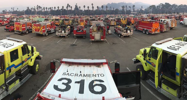 Fire engines in staging area for Thomas Fire